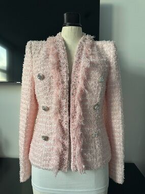 Elegant Pink Tweed Double-Breasted Blazer with Crystal Buttons